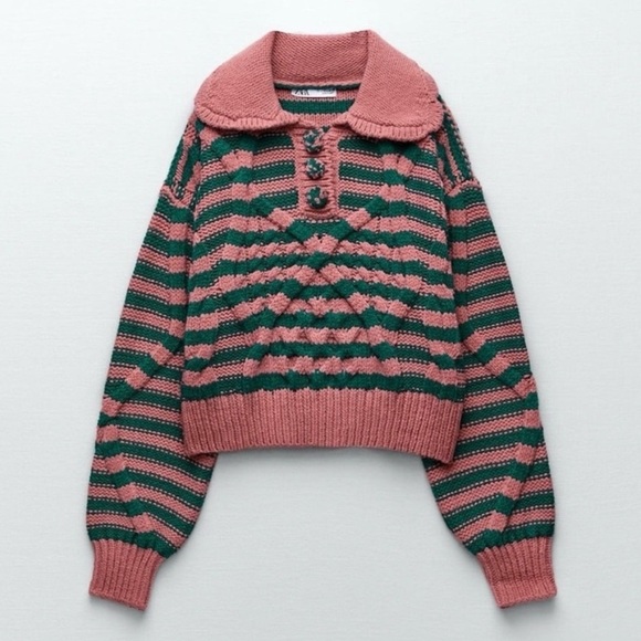 Zara Sweaters - Zara Pink and Teal Striped Cowl Neck Sweater